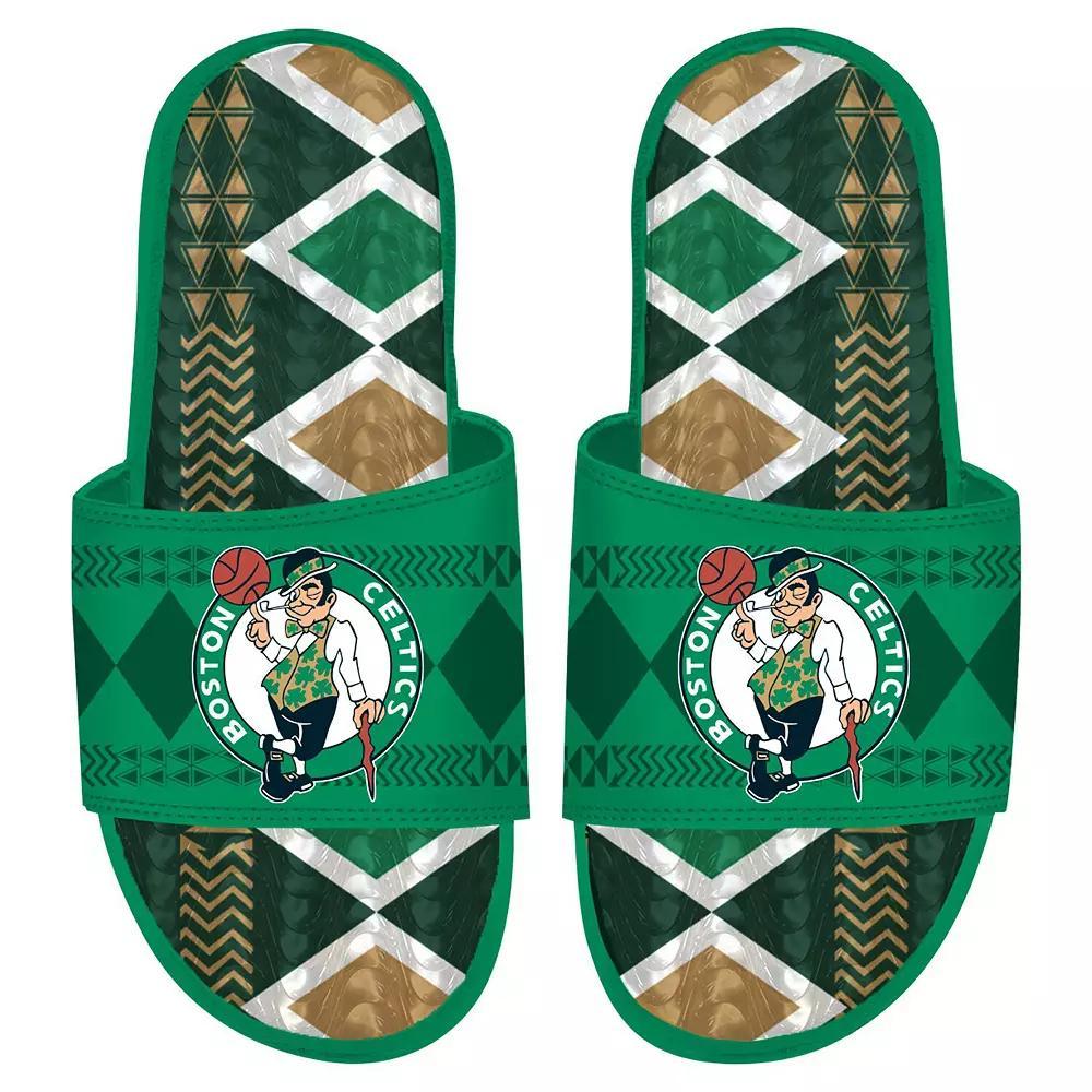 Mens ISlide Kelly Boston Celtics Shooting Touch Rwanda Pattern Gel Slide Sandals Product Image
