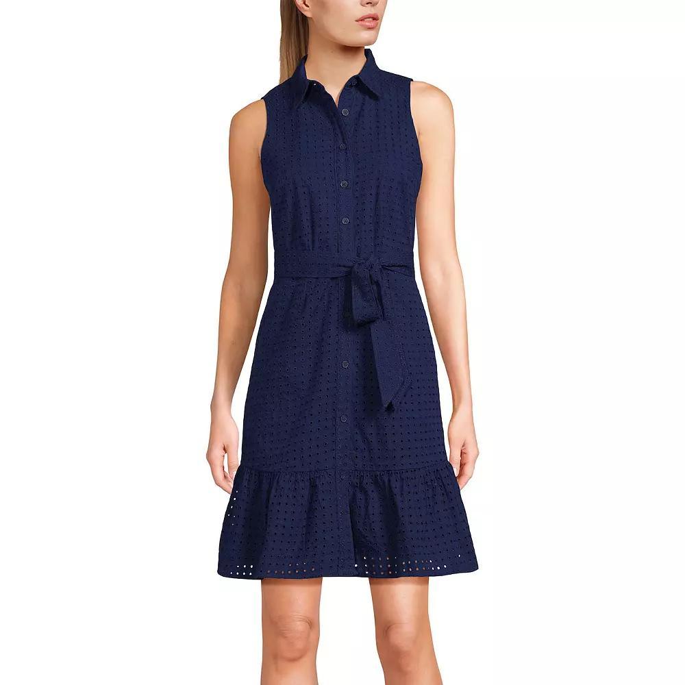 Womens Lands End Womens Collared Sleeveless Eyelet Tiered Shirt Dress Deep Blue Product Image