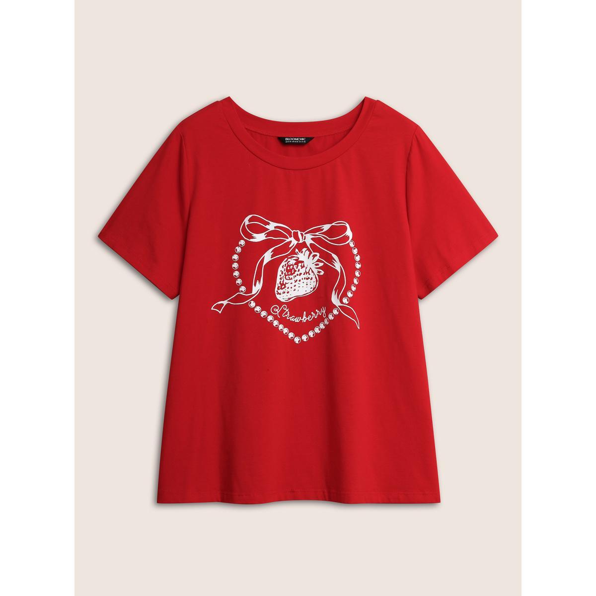 Plus Size Crew Neck Strawberry Print T-shirt Brightred Women Casual Contrast Fruit Round Neck Everyday T-shirts BloomChic 18-20/2X Product Image