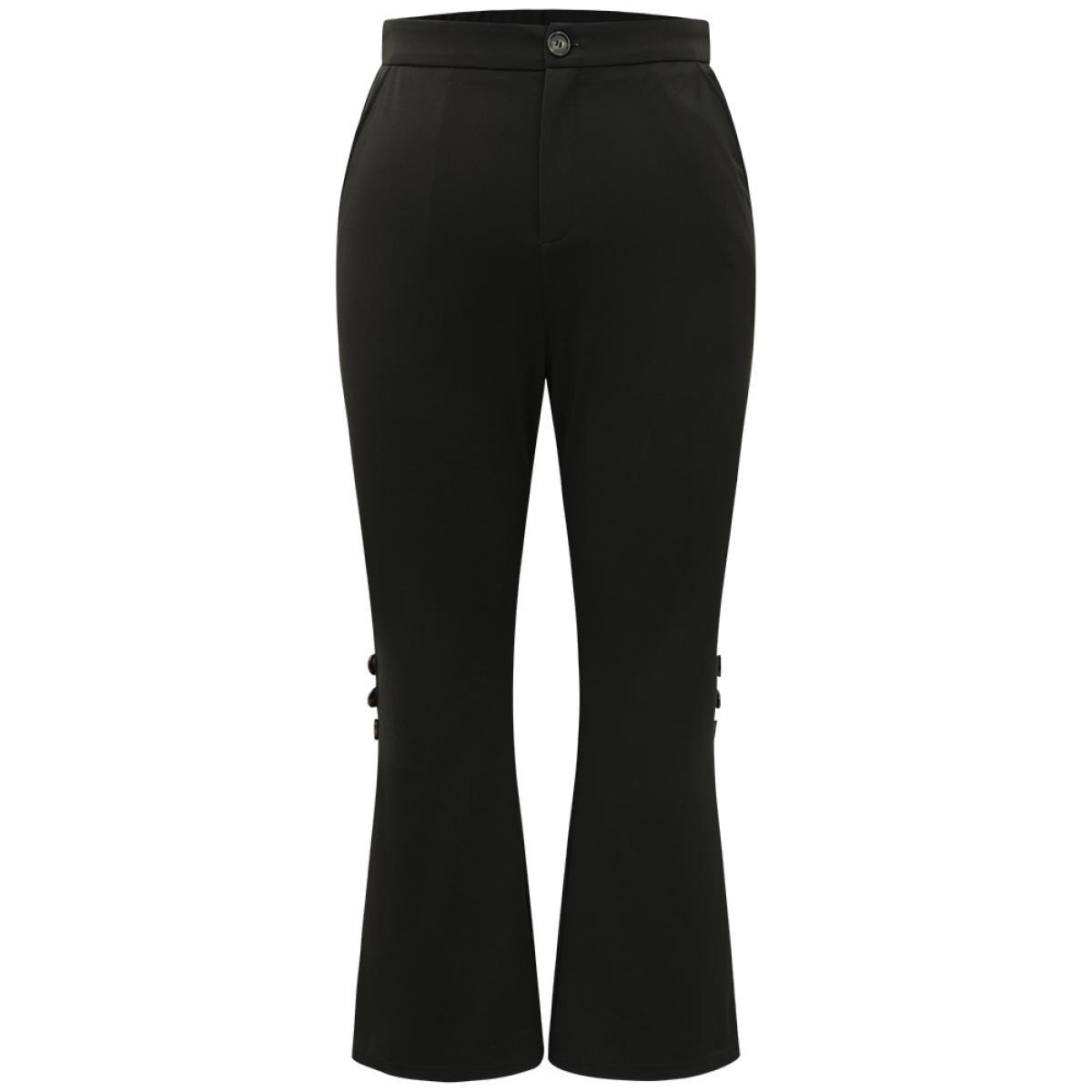 Plus Size Plain Button Detail Elastic Waist Mesh Patchwork Pants Women Black Elegant Bootcut High Rise Dailywear Pants BloomChic 14-16/1X Product Image