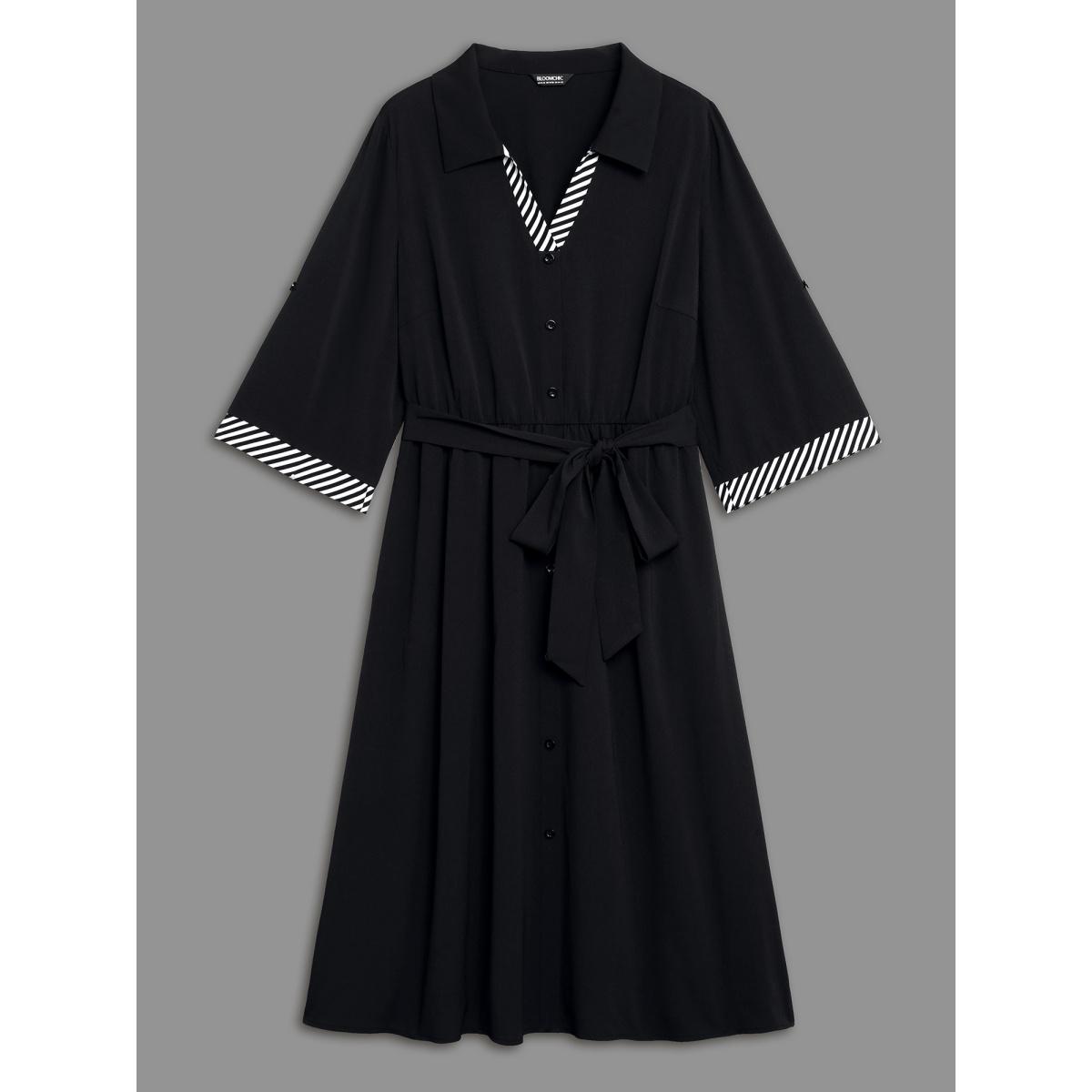 Plus Size Tab Sleeve Striped Belted Shirt Dress Black Women At the Office Belted Shirt collar Elbow-length sleeve Curvy BloomChic 26/4X Product Image