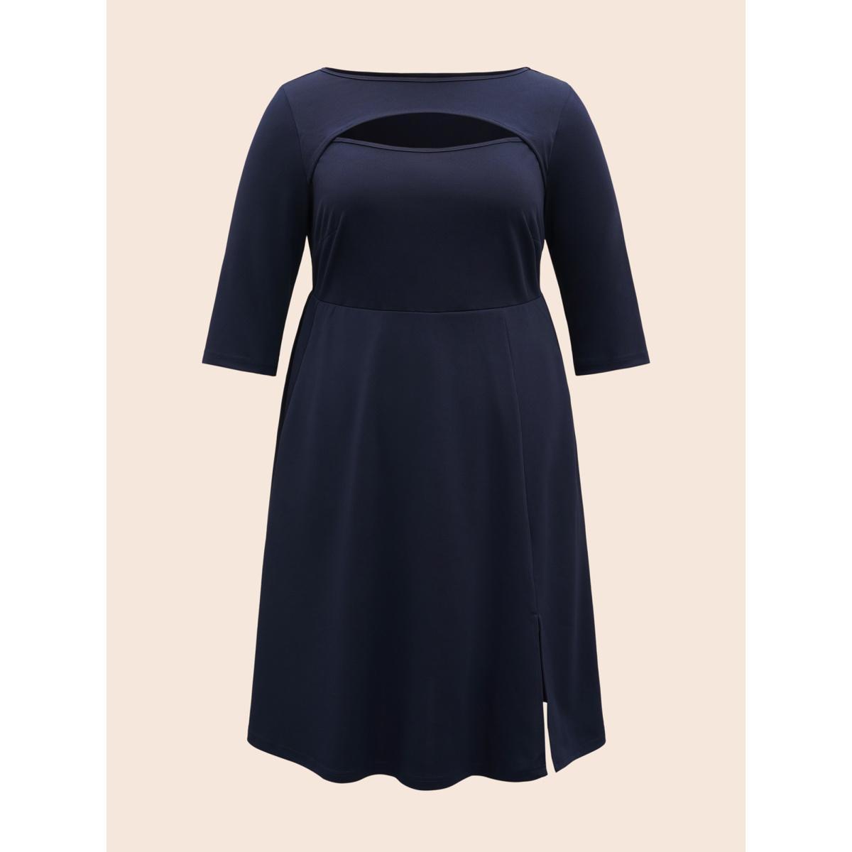 Plus Size Solid Cut Out Split Hem Dress Navy Women At the Office Cut-Out Boat Neck Elbow-length sleeve Curvy BloomChic 18-20/2X Product Image