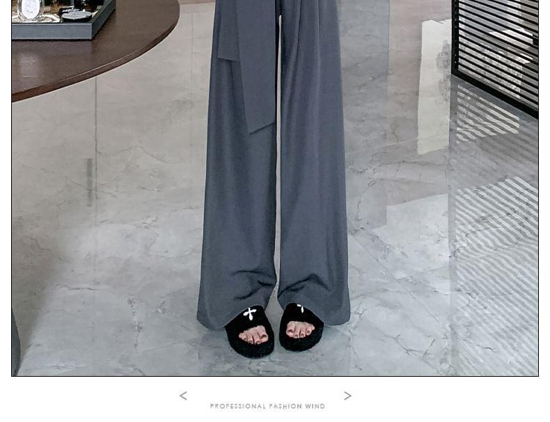 High Waist Plain Tie Waist Wide Leg Pants Product Image