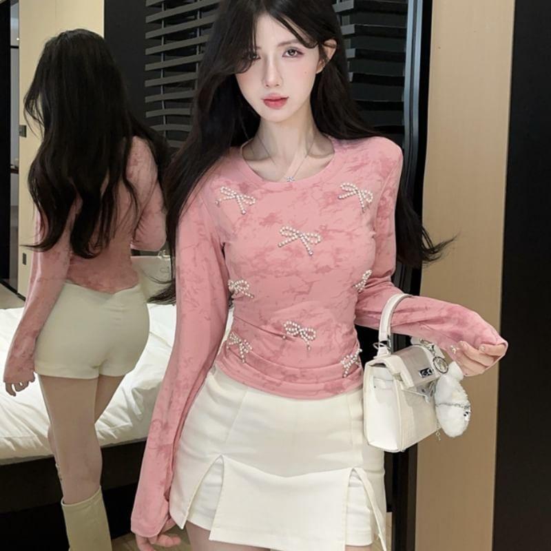 Long Sleeve Crew Neck Faux Pearl Bowknot T-Shirt Product Image