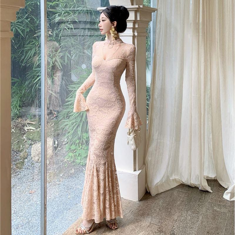 Bell-Sleeve Stand Collar Midi Lace Mermaid Dress Product Image