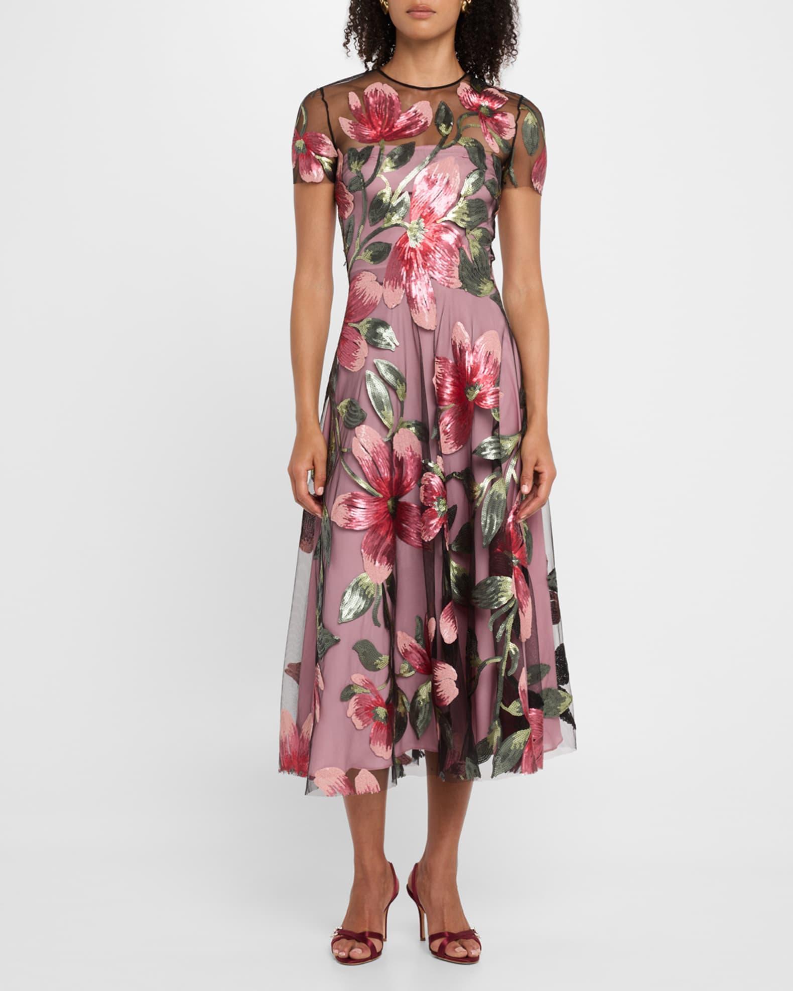Floral Matte Sequined Tulle Cap-Sleeve Cocktail Dress Product Image