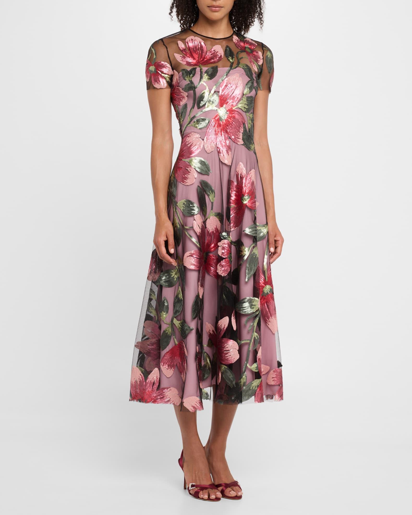 Floral Matte Sequined Tulle Cap-Sleeve Cocktail Dress Product Image