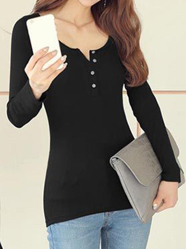 Solid Ribbed Breasted Long Sleeve Tee Product Image