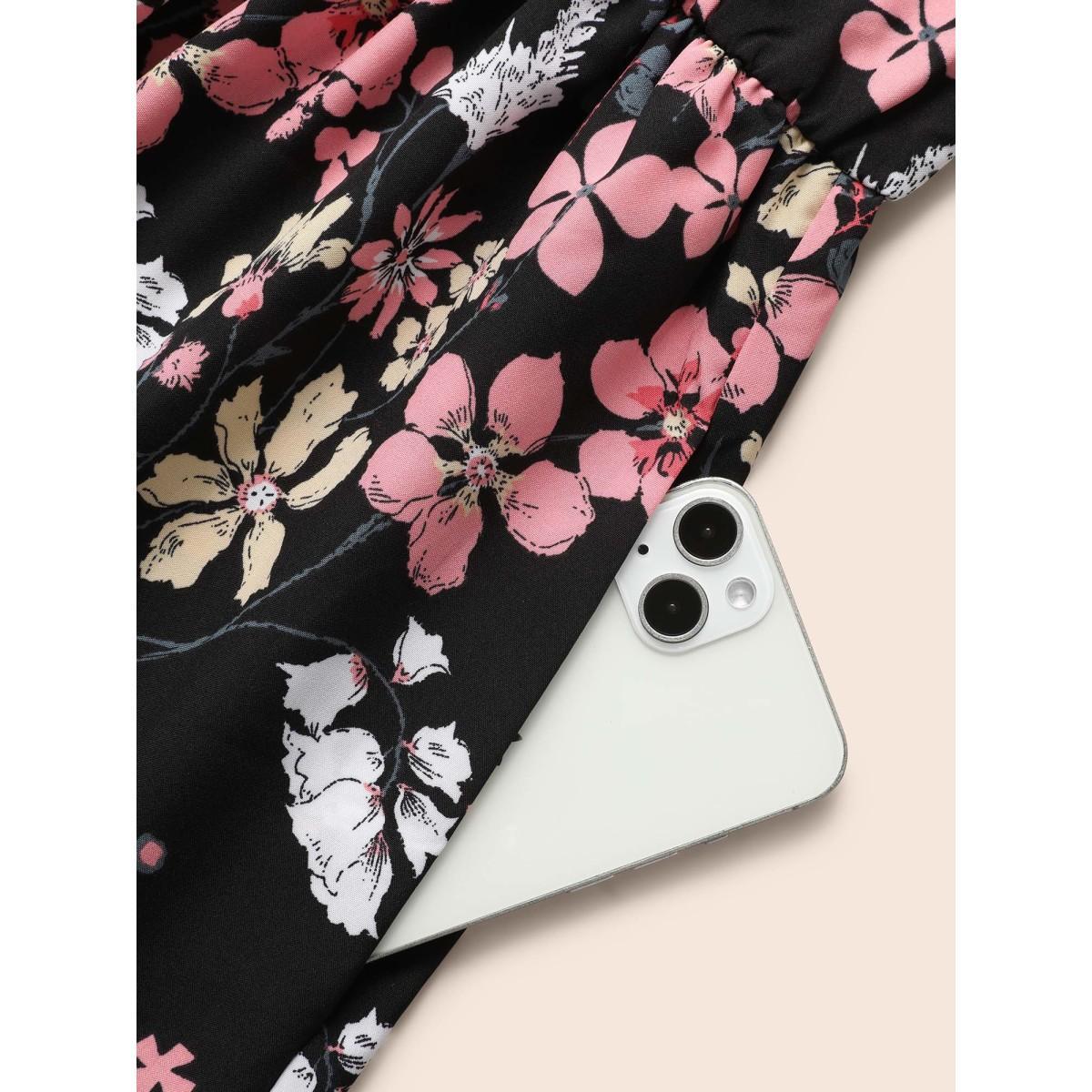 Plus Size Floral Halter Neck Ruffle Hem Dress Black Women Elegant Gathered Halter neck Sleeveless Curvy BloomChic 30/6X Product Image