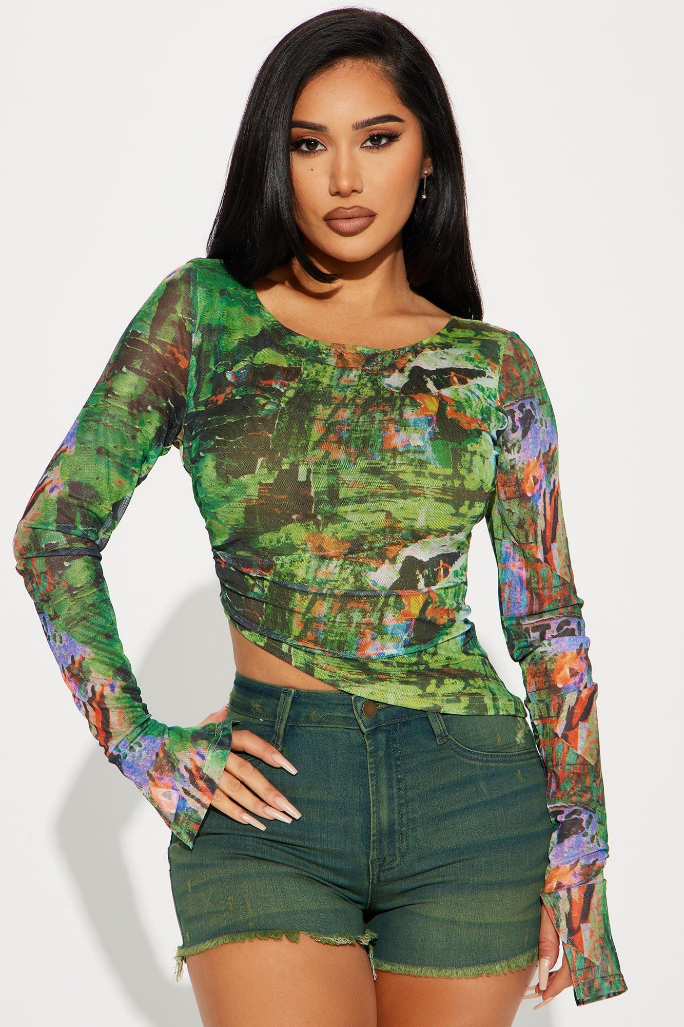 Laurna Asymmetrical Mesh Top - Green/combo Product Image
