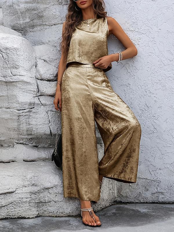 Loose Sleeveless Hollow Shiny Split-Joint Round-Neck Two Pieces Set Product Image