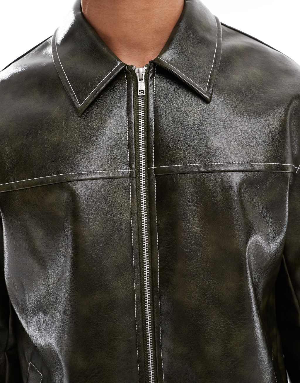 ASOS DESIGN faux leather harrington jacket in washed green Product Image