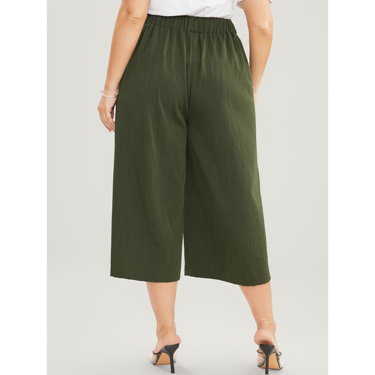 Plus Size Solid Elastic Waist Button Detail Pocket Loose Pants Women ArmyGreen Casual Loose High Rise Work Pants BloomChic 14-16/1X Product Image