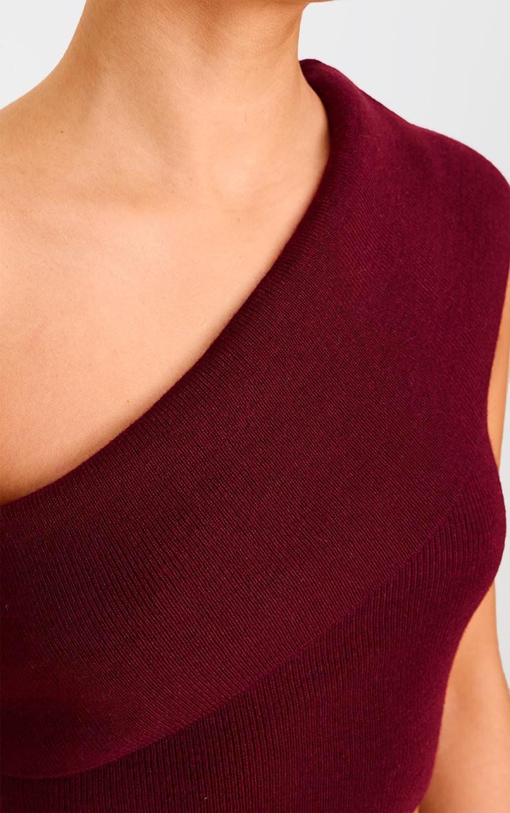 Burgundy Soft Rib Knit One Shoulder Fold Over Crop Top Product Image