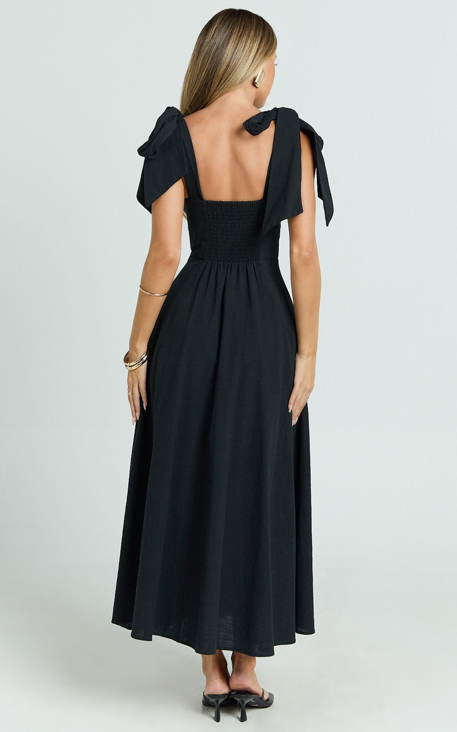 Tymia Midi Dress - Shoulder Tie Bustier Shirred Back A Line in Black Product Image