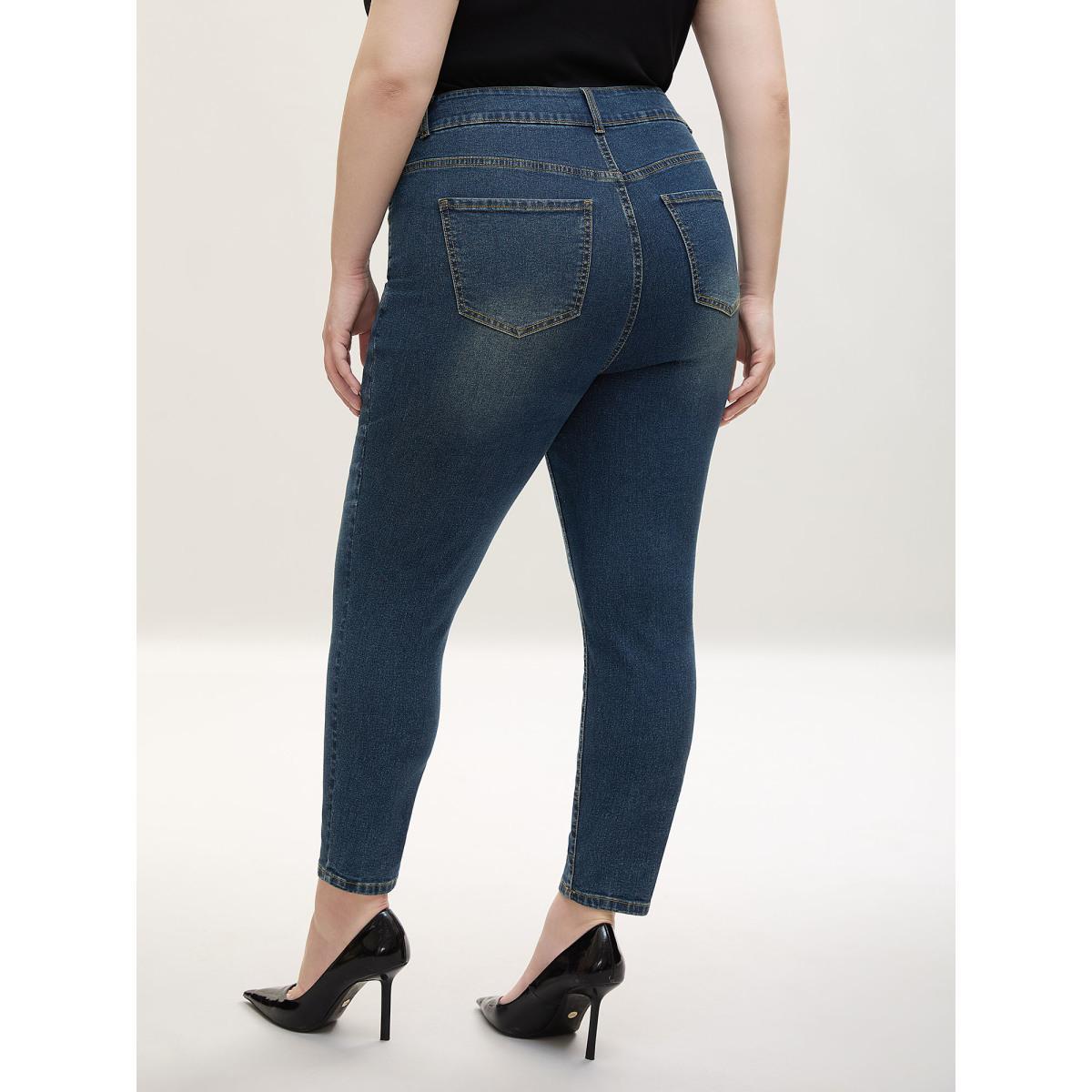Plus Size Whiskered Wash Mid-Rise Skinny-Fit Jeans Women Denimblue Casual Non High stretch Slanted pocket Jeans BloomChic 10/M Product Image