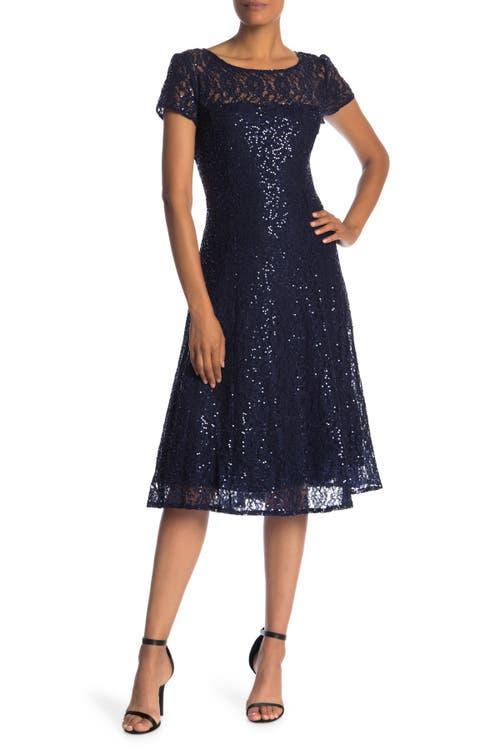 Ignite Evenings Round Neck Short Sleeve Sequin Lace Midi Dress Product Image