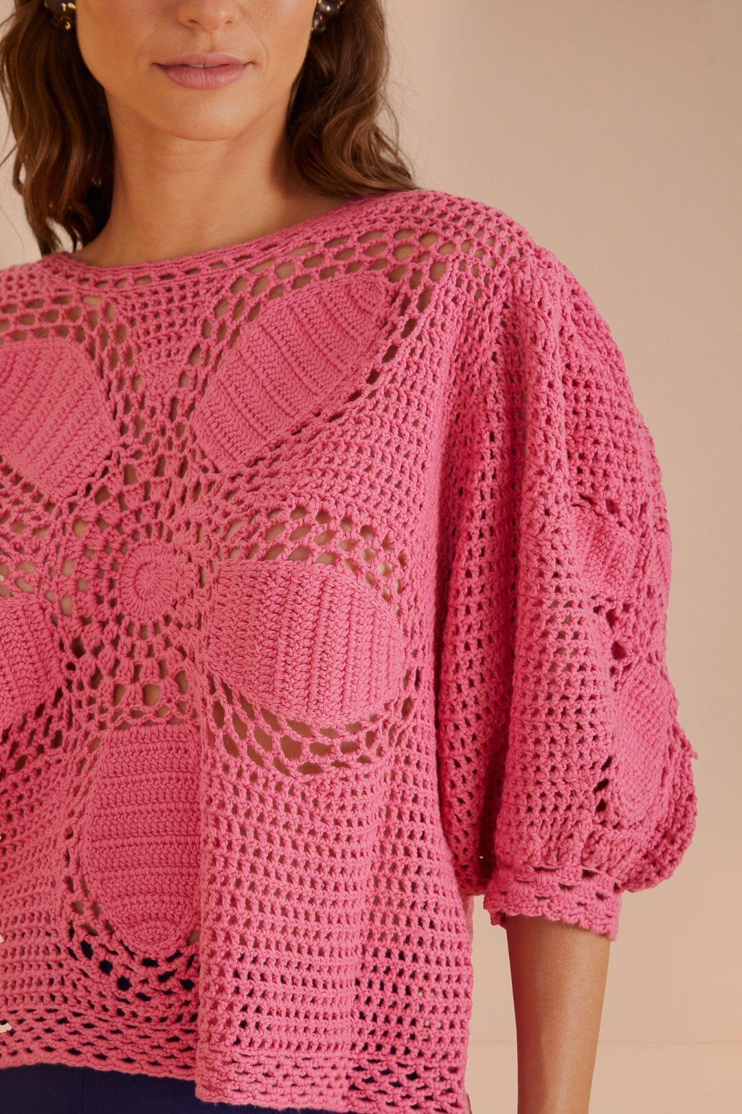 Blush Flower Draw Crochet Blouse Product Image