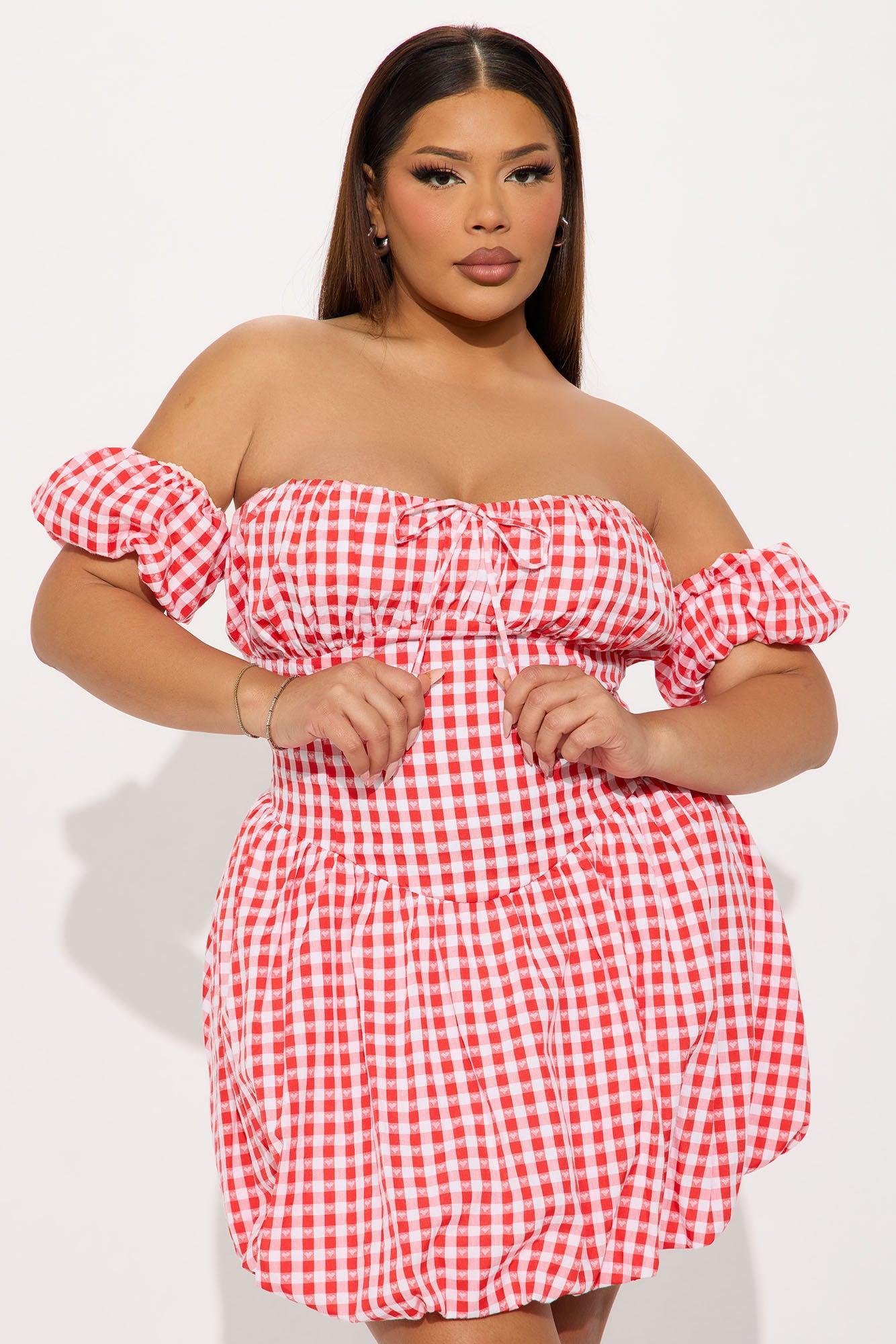 Sweetheart Gingham Bubble Mini Dress - Red Product Image
