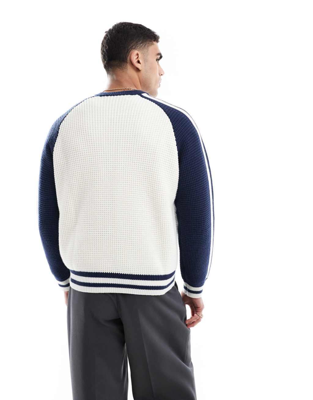 Bershka retro sports knit sweater in ecru Product Image