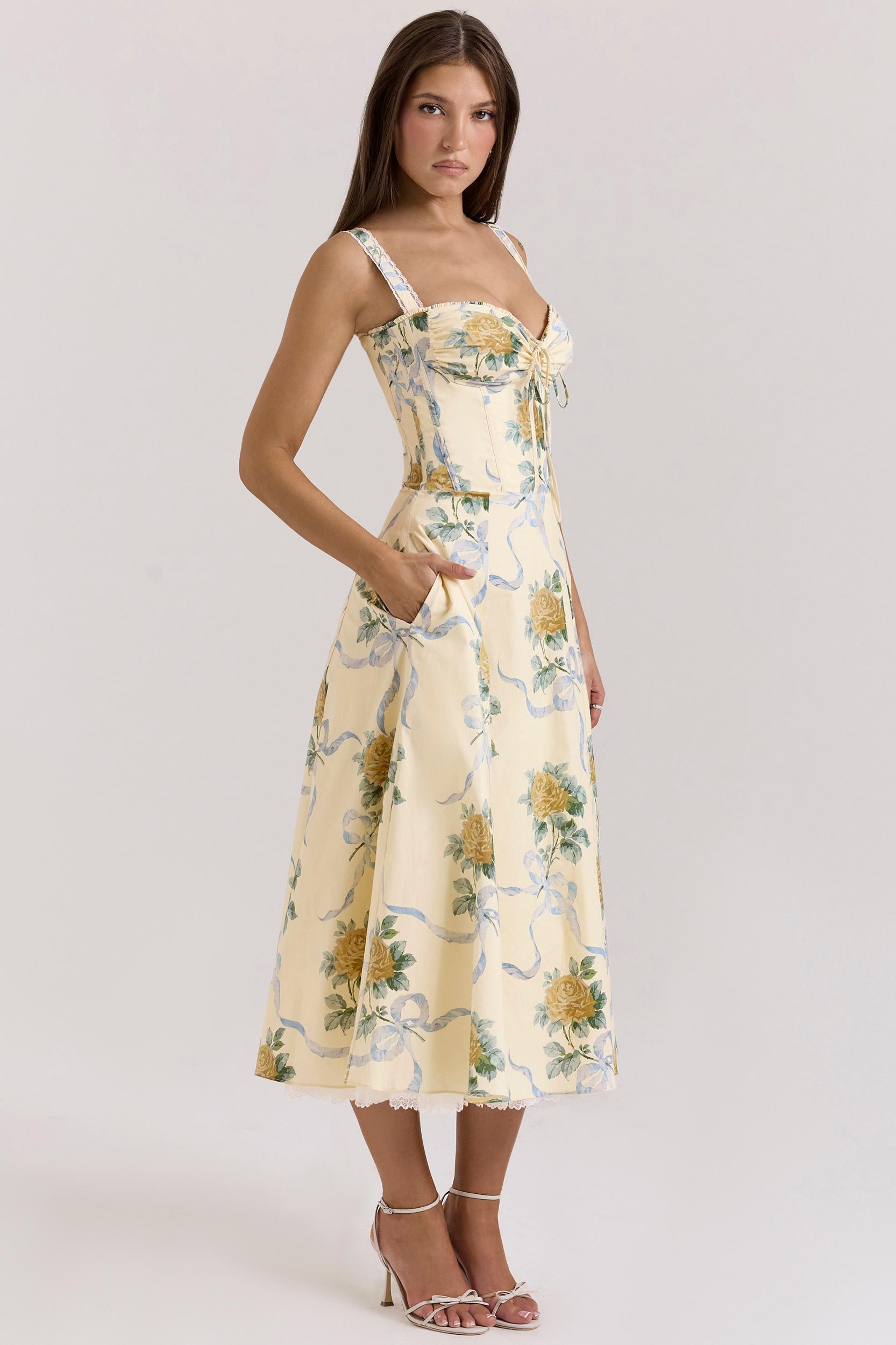 Rosalee  lemon vintage ribbon print cotton midi dress Product Image