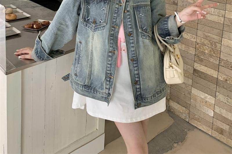 Collared Embroidered Washed Button-Up Denim Jacket Product Image