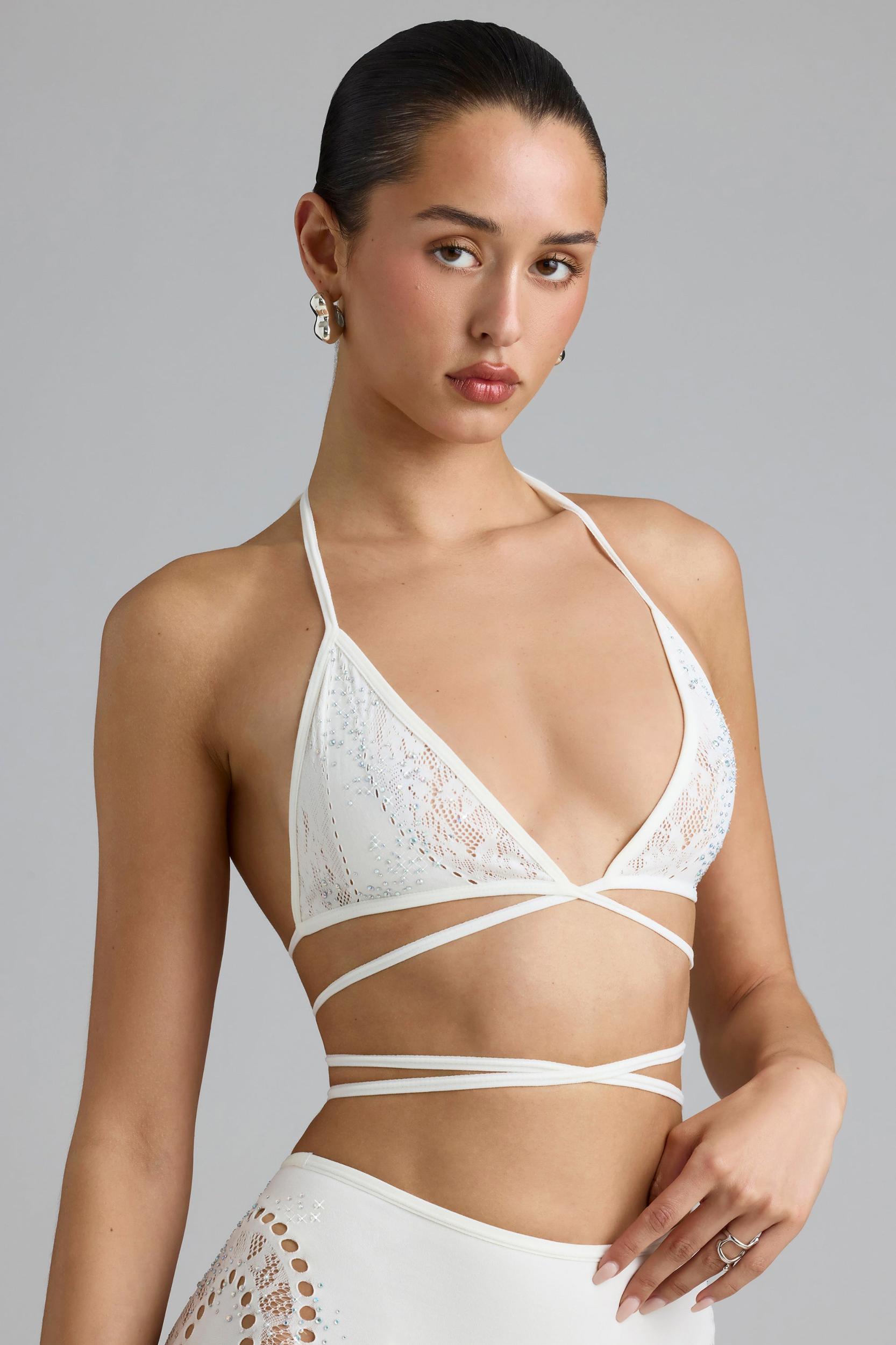 Embellished Cross-Strap Bikini Top in Ivory Product Image