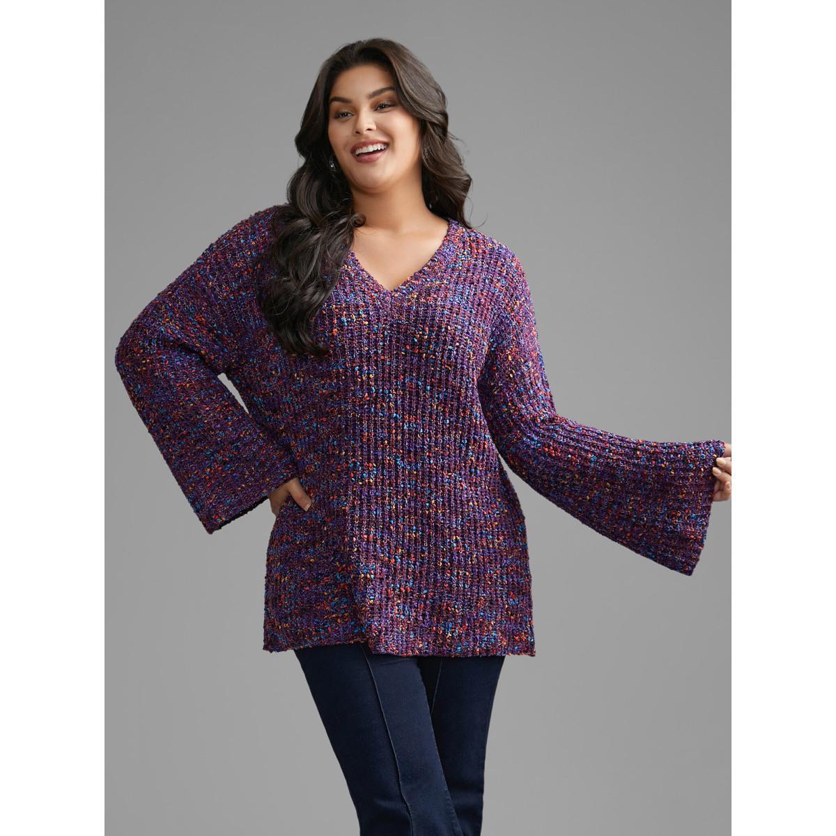 Plus Size Round Neck Heather Bell Sleeve Pullover Deeppurple Women Elegant Loose Long Sleeve V-neck Everyday Pullovers BloomChic 22-24/3X Product Image