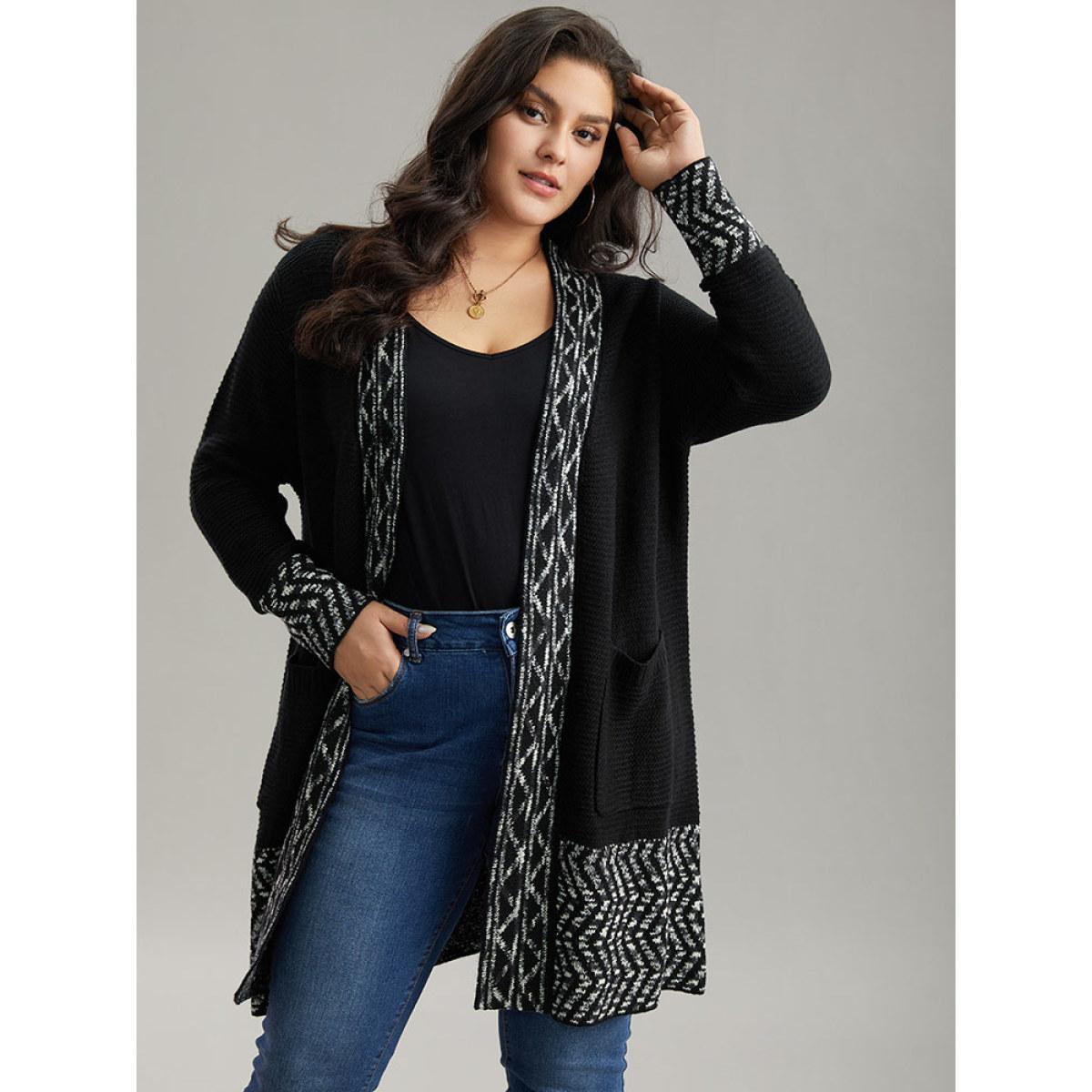 Plus Size Bandana Trim Patched Pocket Cardigan Black Women Casual Loose Long Sleeve Everyday Cardigans BloomChic 30/6X Product Image