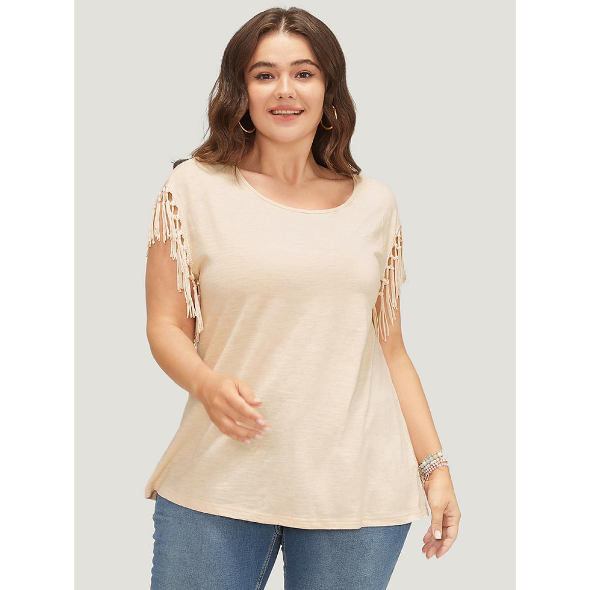 Plus Size Solid Fringe Trim Batwing Sleeve T-shirt Beige Women Elegant Tassels Plain Round Neck Dailywear T-shirts BloomChic 12/L Product Image
