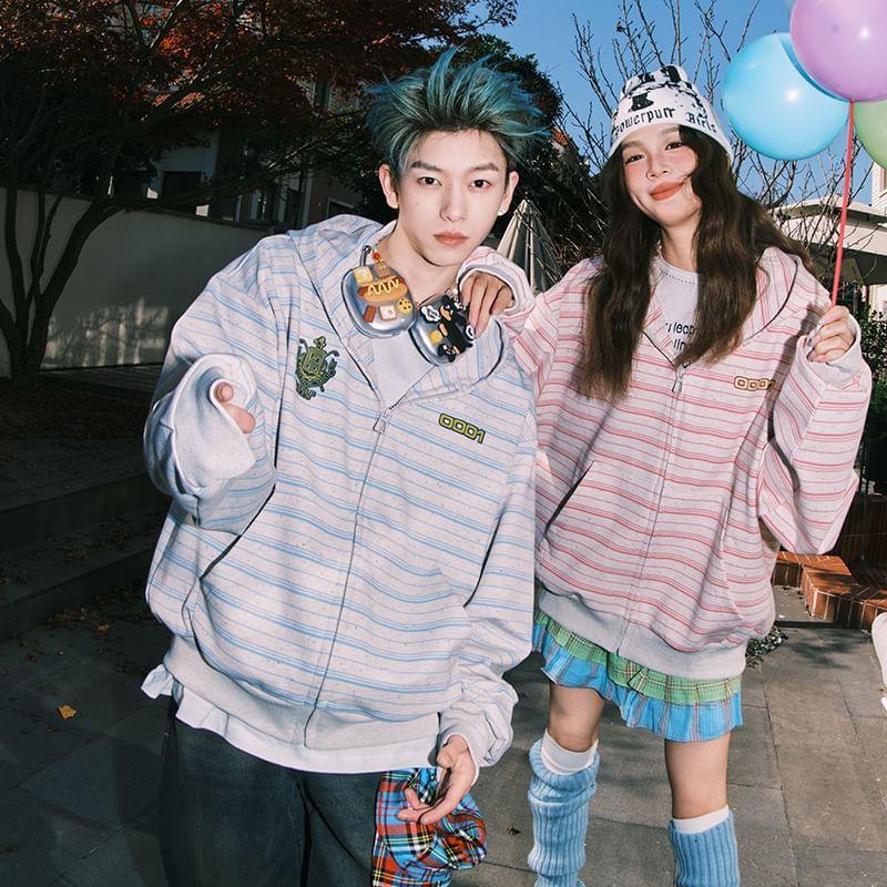 Couple Matching Striped Zip-Up Hoodie Product Image