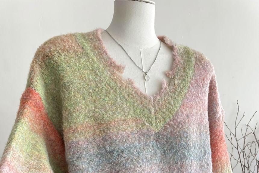 V-Neck Striped Distressed Sweater Product Image