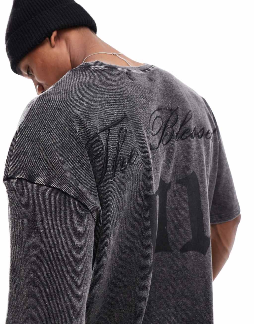 Liquor N Poker textured ribbed varsity T-shirt in black Product Image