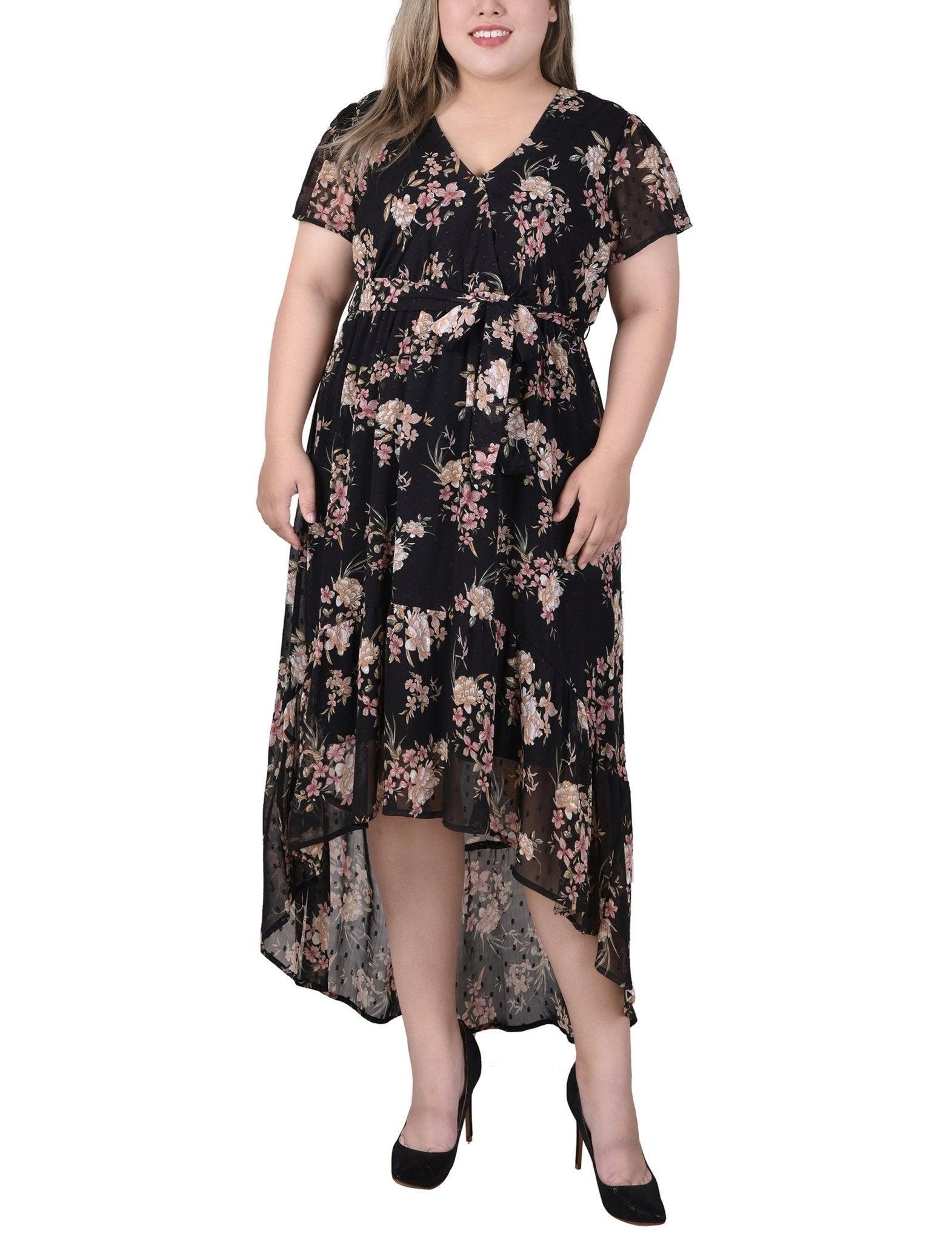 Black Mauve Floral Short Sleeve Hankerchief Hem Chiffon Dress - Plus Product Image