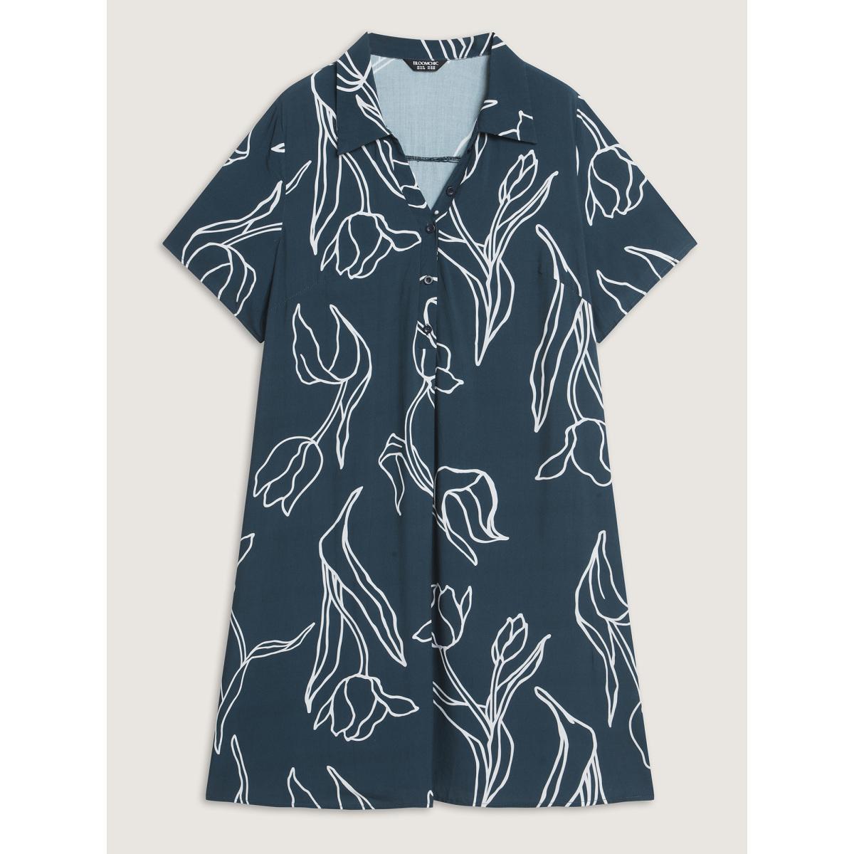 Plus Size Floral Print Cinched Flared Knee-Length Dress DarkBlue Women Shirt collar Short sleeve Curvy BloomChic 10/M Product Image