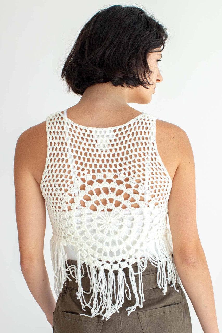 White Mandala Crochet Fringe Top Product Image