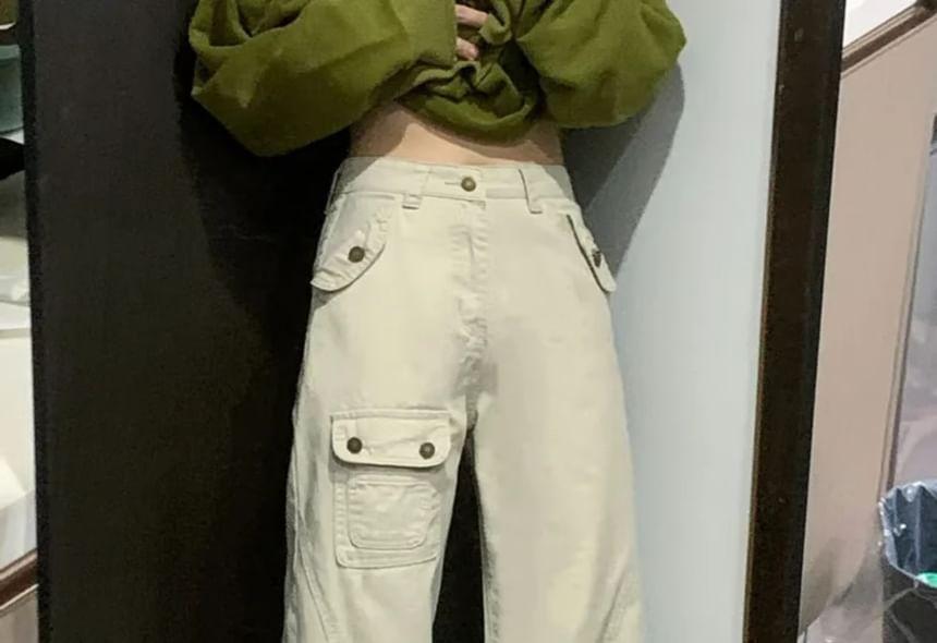 Mid Waist Wide Leg Cargo Jeans Product Image