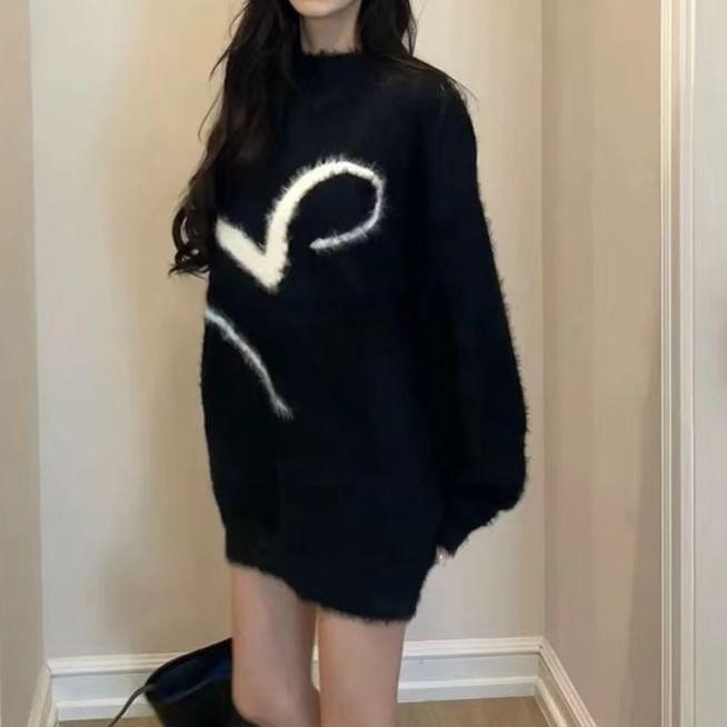 Crew Neck Print Fluffy Oversized Sweater Product Image