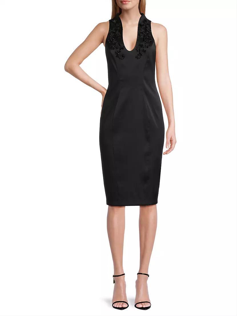 Floral Beaded Appliqué Satin Midi-Dress Product Image