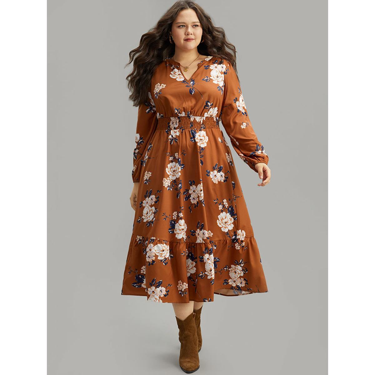 Plus Size Floral Print Notched Shirred Elastic Cuffs Dress Chocolate Women Elegant Elastic cuffs Notched collar Long Sleeve Curvy Midi Dress BloomChic 14-16/1X Product Image