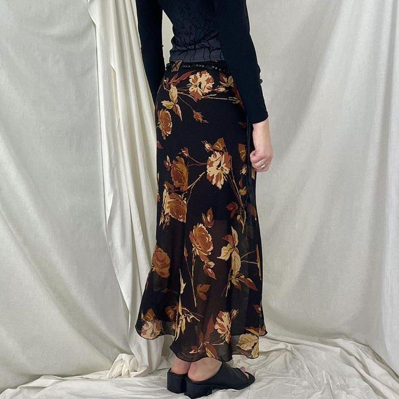 Low Waist Floral Print Midi A-Line Skirt Product Image