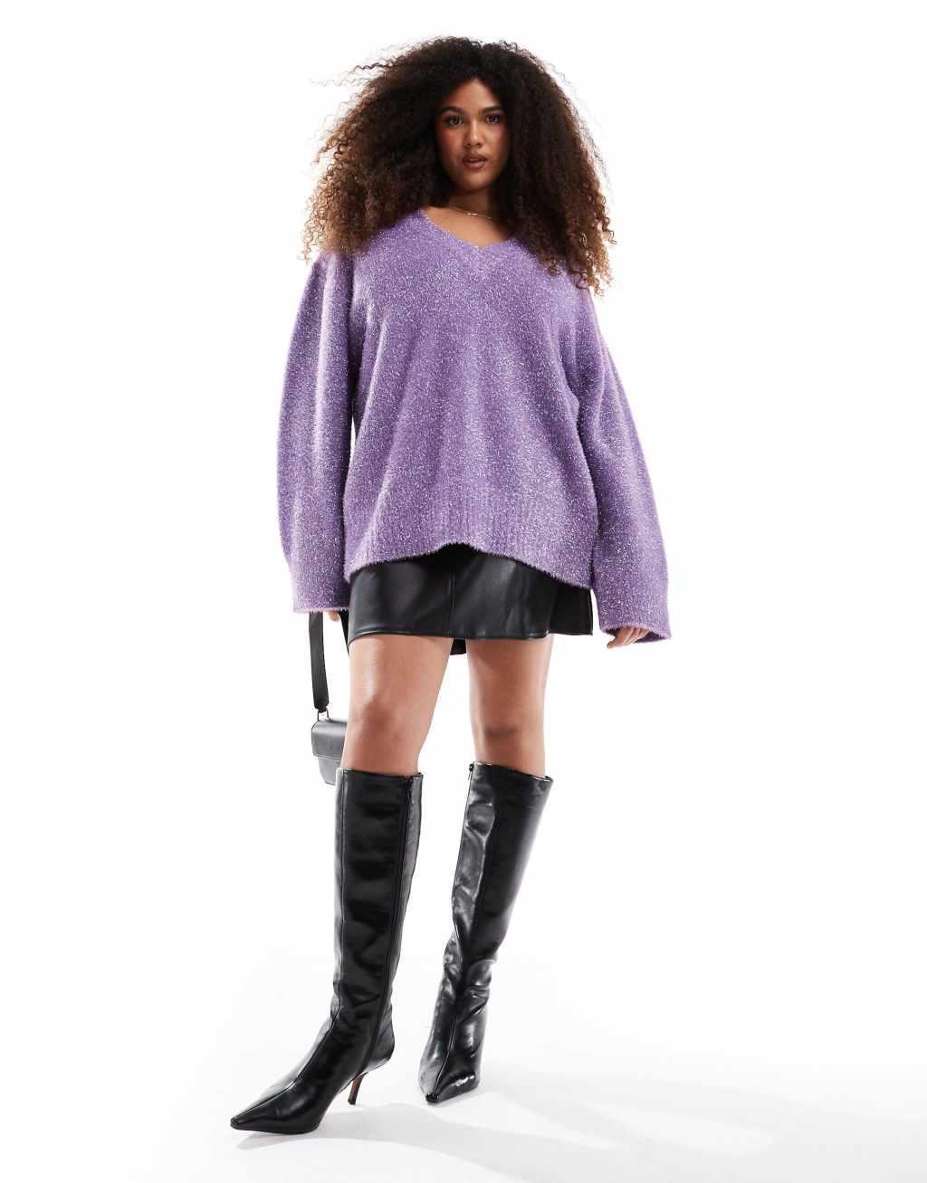 Renee Studio x Michelle Nayla exclusive tinsel v neck wide sleeve sweater in purple Product Image