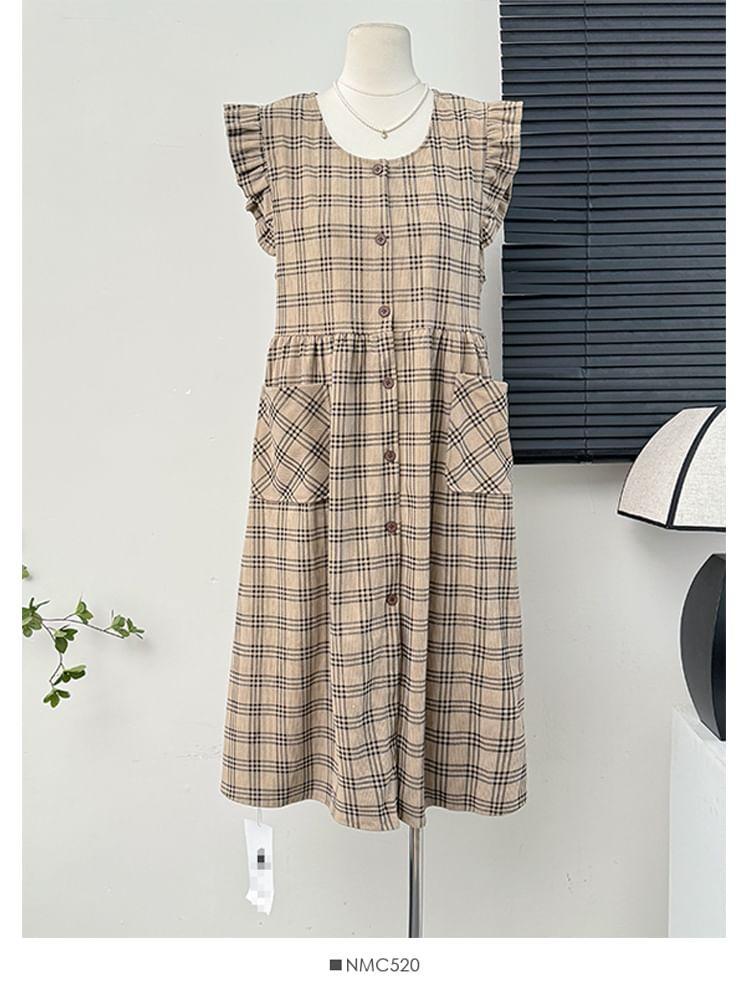 Plaid Ruffle-Trim Midi Shirtdress / Ruffled Loose Blouse Product Image
