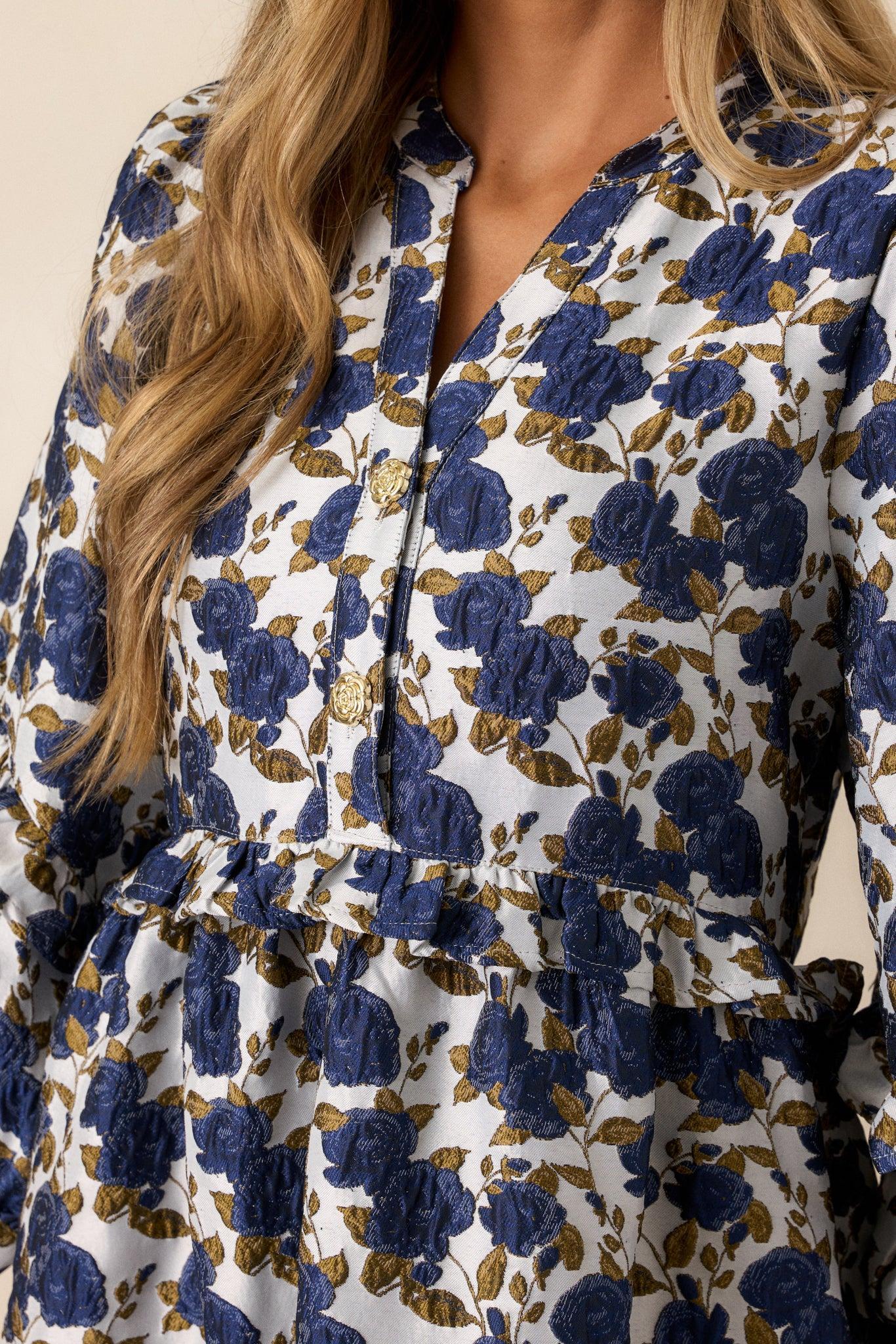Waves of Roses Navy Floral Puff Sleeve Mini Dress Product Image