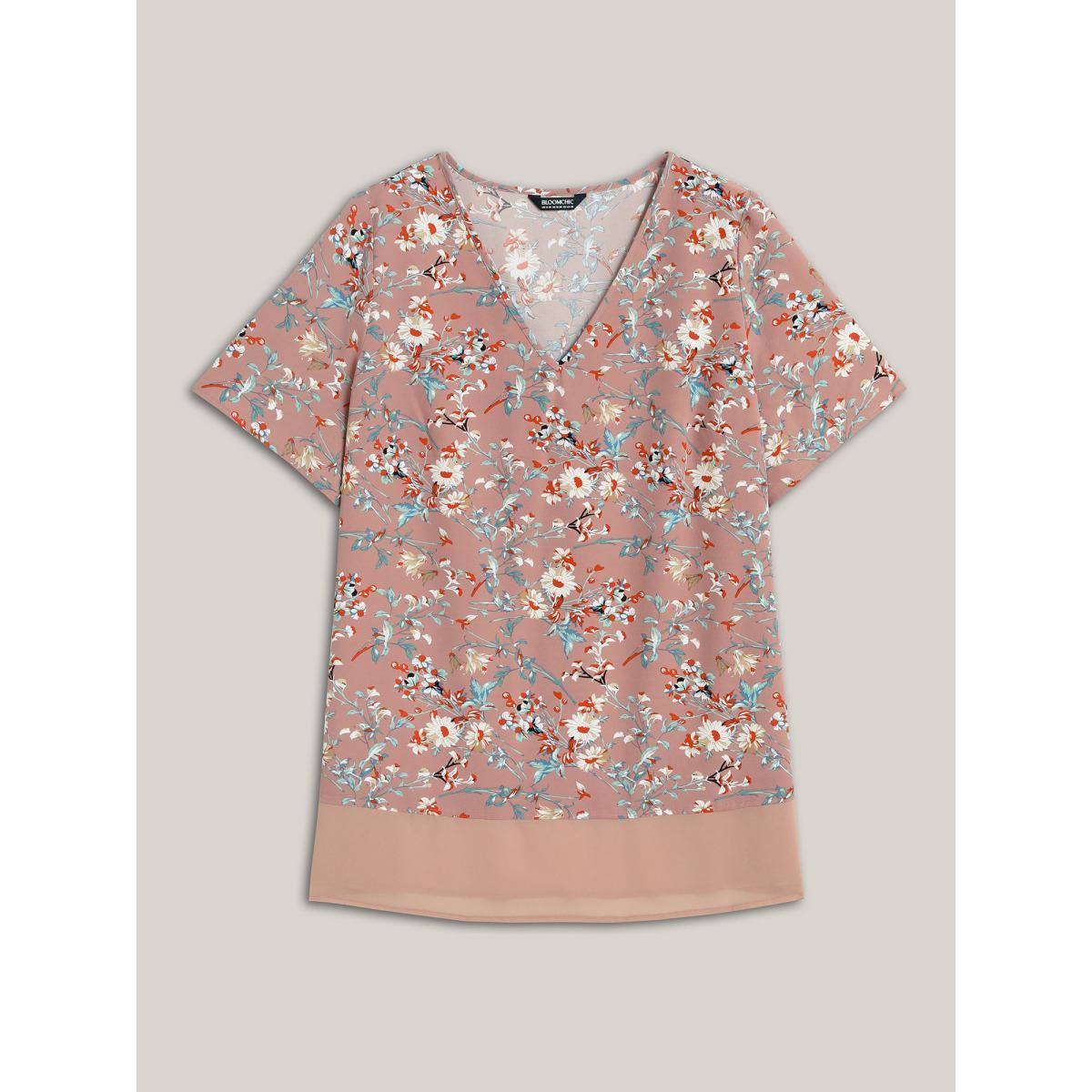 Plus Size DustyPink Garden Print Spliced V-Neck Blouse Women Elegant Short sleeve V-neck Everyday Blouses BloomChic 22-24/3X Product Image