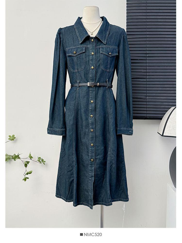 Stitched Denim Midi Shirtdress With Belt Product Image