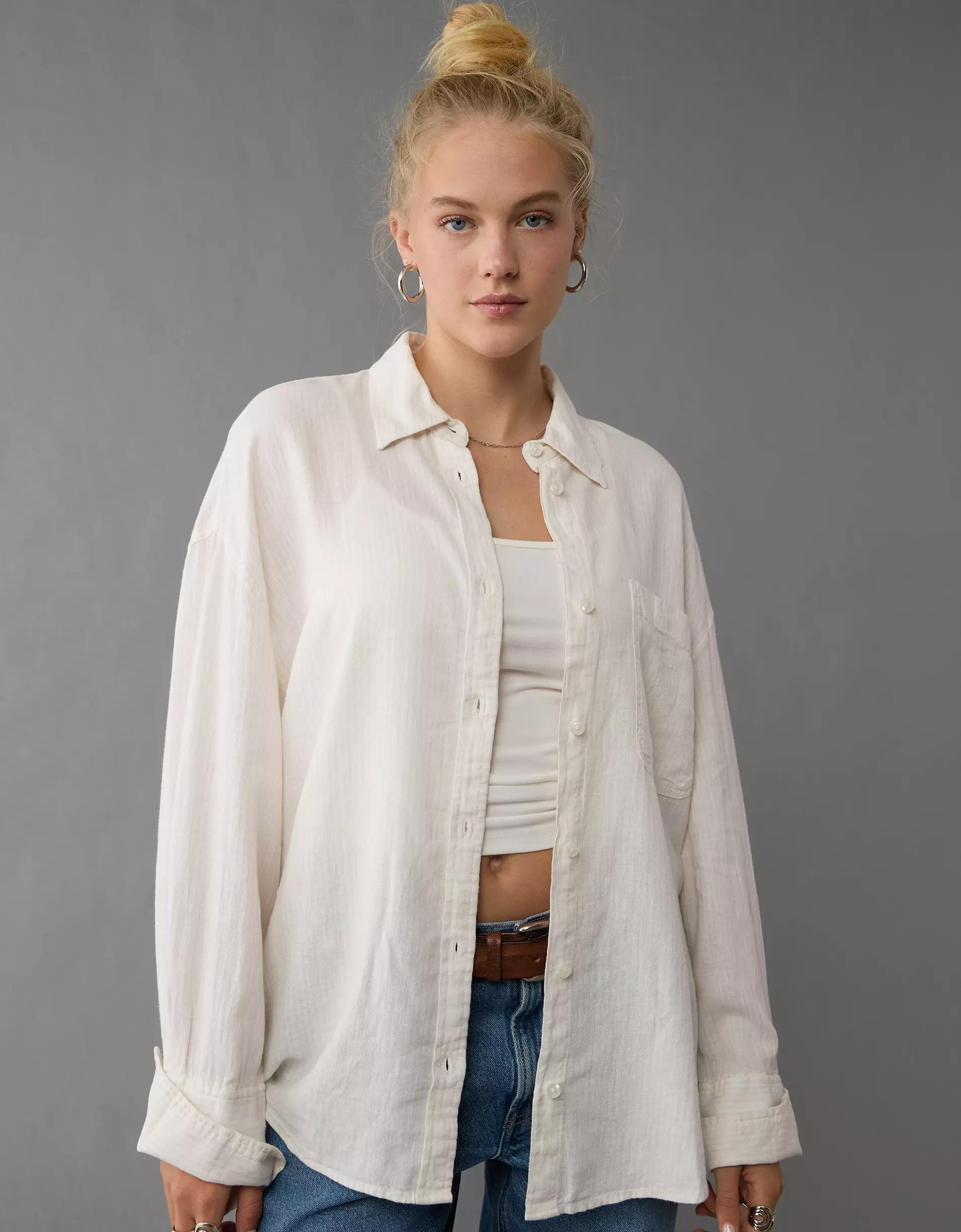 AE Linen-Blend Long-Sleeve Tie Back Button-Up Shirt Product Image