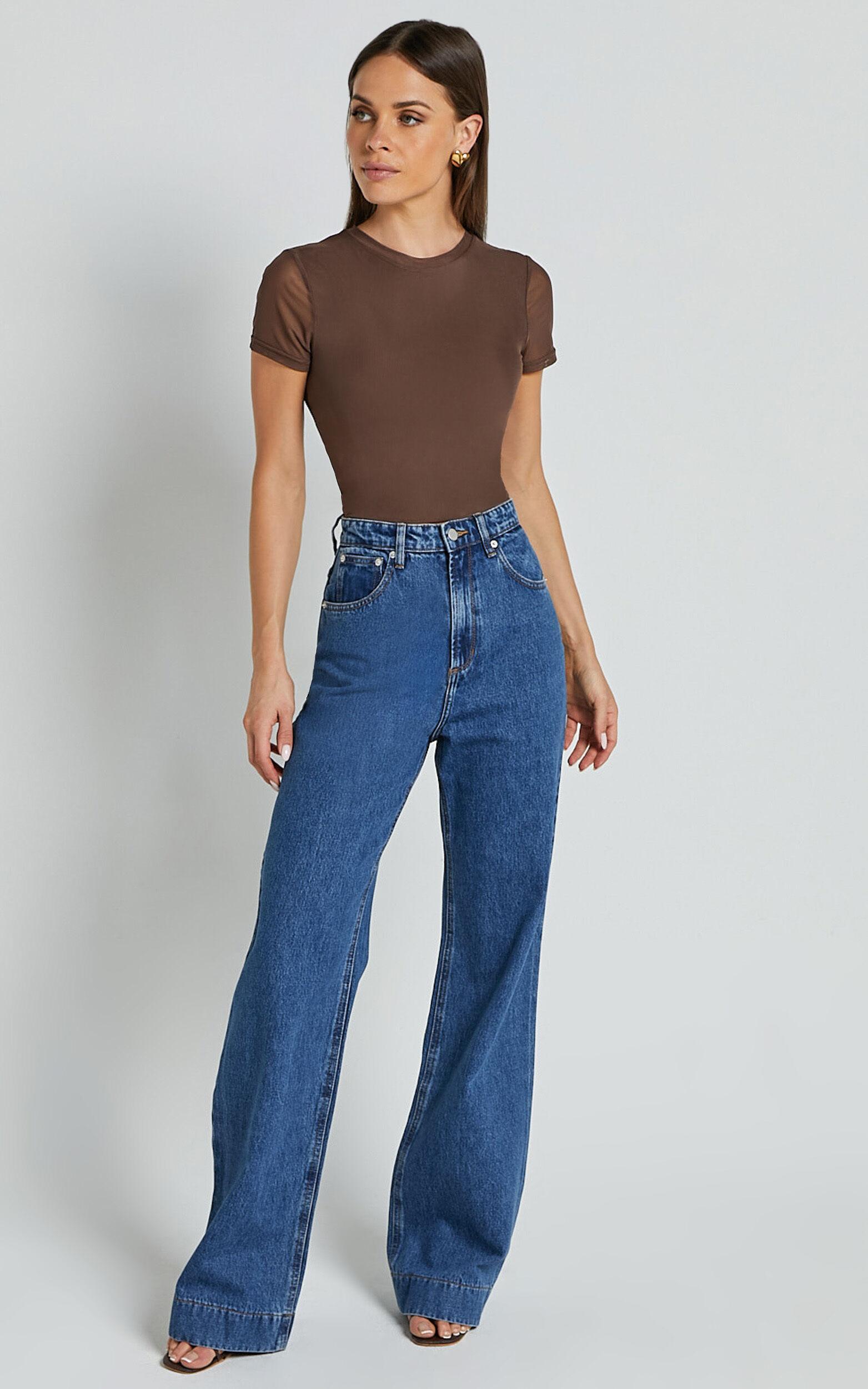 Rhianna Top - Short Sleeve Mesh Crop Top in Brown Product Image