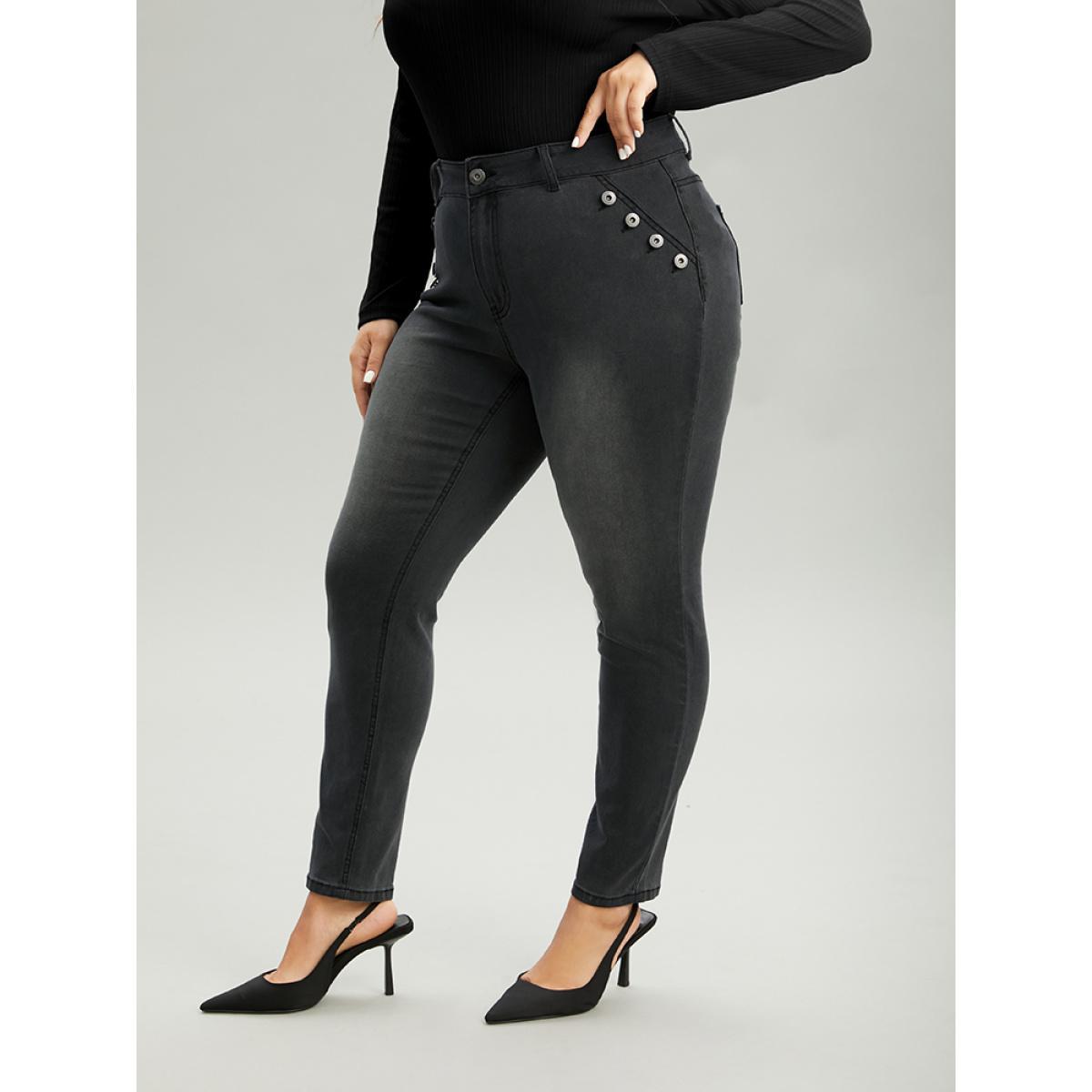Plus Size Black Wash Button Detail Skinny Jeans Women DimGray Casual Plain Plain High stretch Pocket Jeans BloomChic 28/5X Product Image