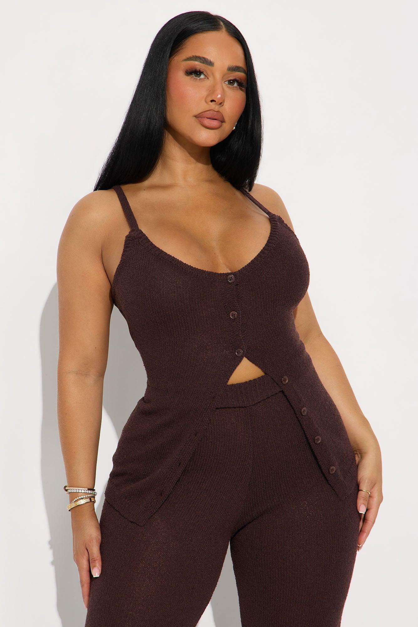 Bella Button Front Knit Pant Set - Chocolate Product Image